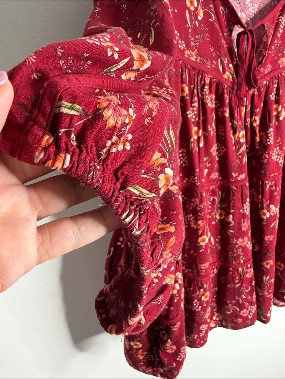 Old Navy Puff-Sleeve Floral Tiered Swing Boho Top Burgundy Floral XXL Flowy